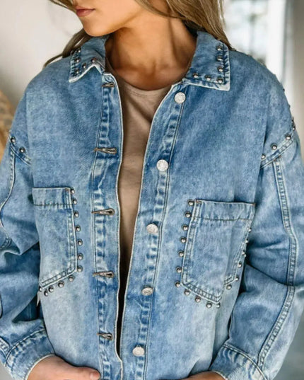 Studded Acid Wash Long Sleeve Denim Jacket - ShopEasier