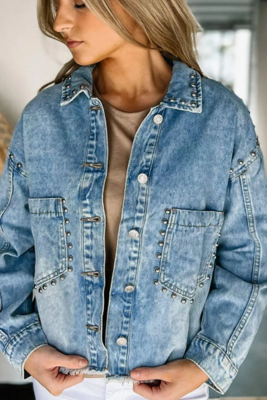 Studded Acid Wash Long Sleeve Denim Jacket - ShopEasier