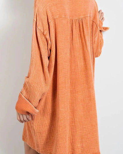 Pocketed Button Up Long Sleeve Shirt Dress