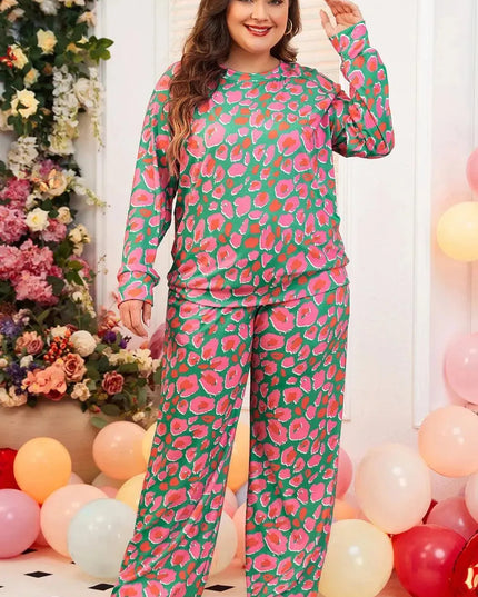 Plus Size Printed Round Neck Long Sleeve Top and Pants Set - ShopEasier