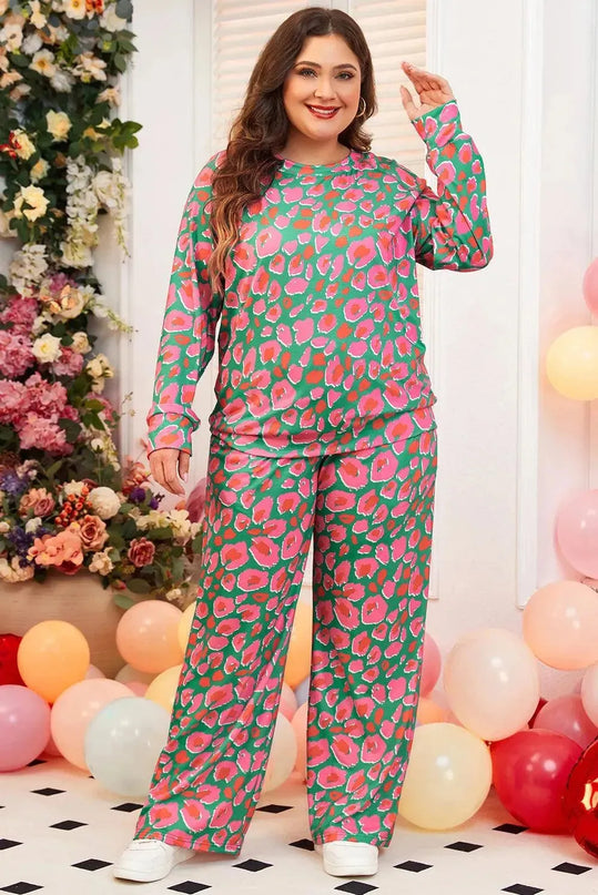 Plus Size Printed Round Neck Long Sleeve Top and Pants Set - ShopEasier