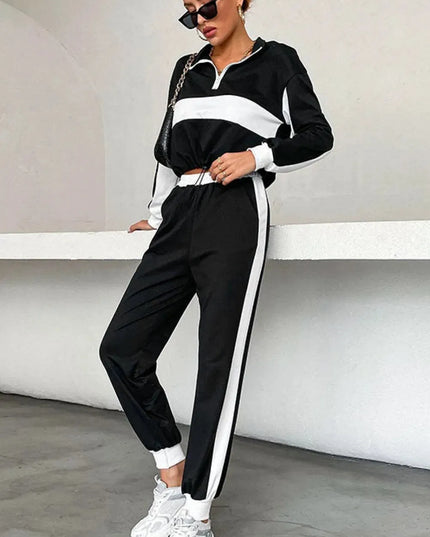 Striped Mock Neck Cropped Sweatshirt and Jogger Set with Half Zip