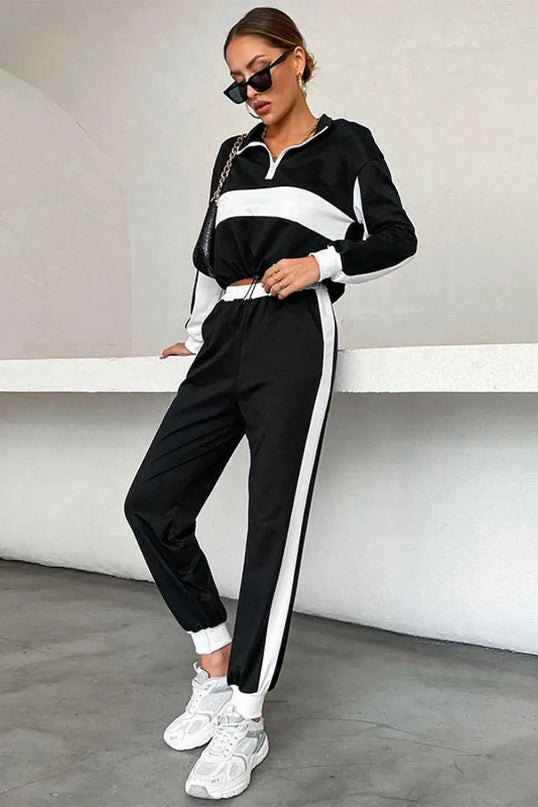 Striped Mock Neck Cropped Sweatshirt and Jogger Set with Half Zip