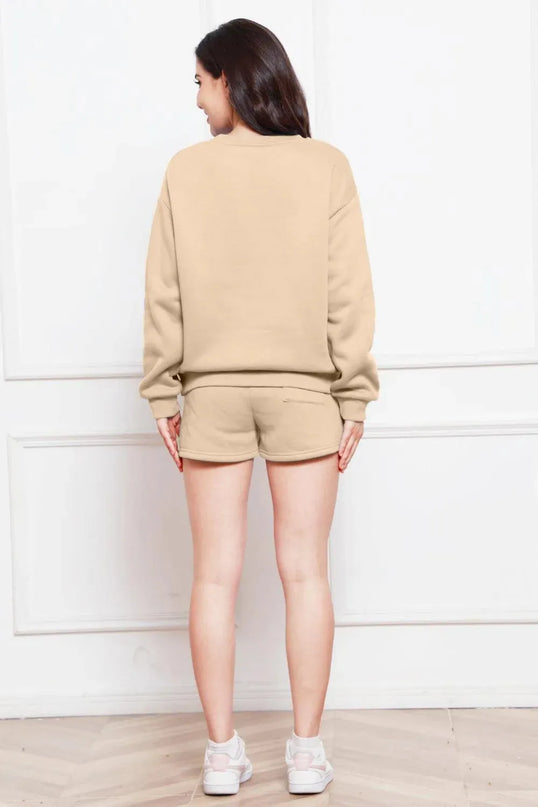 Two-Piece Drawstring Shorts and Long Sleeve Sweatshirt Set