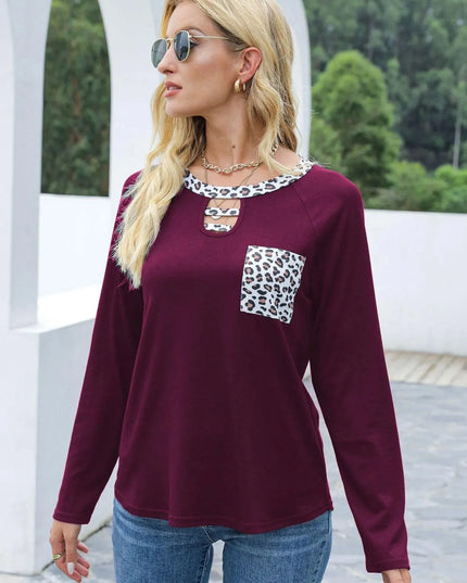 Leopard Print Cutout Long Sleeve Tee with Pocket