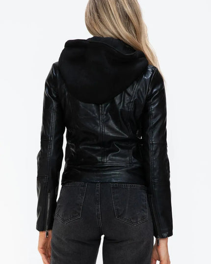 Snobbish Faux Leather Zip Up Drawstring Hooded Jacket - ShopEasier