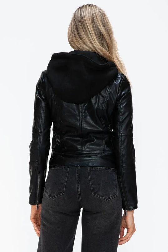 Snobbish Faux Leather Zip Up Drawstring Hooded Jacket - ShopEasier