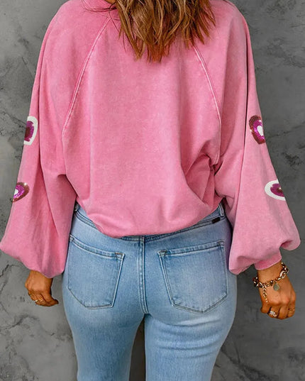 Heart Sequin Half Snap Mineral Wash Sweatshirt