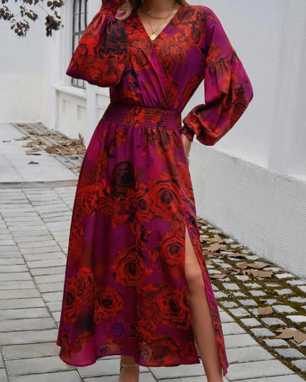 Devine Split Printed Surplice Long Sleeve Midi Dress - ShopEasier