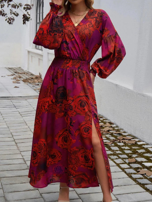 Devine Split Printed Surplice Long Sleeve Midi Dress - ShopEasier