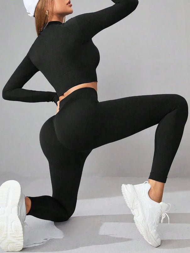 Mock Neck Long Sleeve Top and Leggings Active Set - ShopEasier