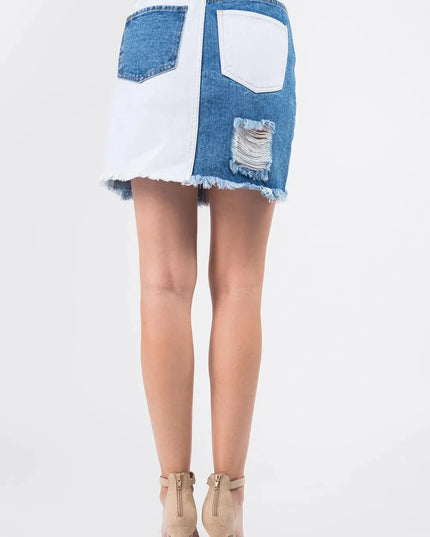 Edgy Contrast Patchwork Frayed Denim Distressed Skirt