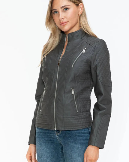 Snobbish Faux Leather Zip Up Mock Neck Jacket - ShopEasier