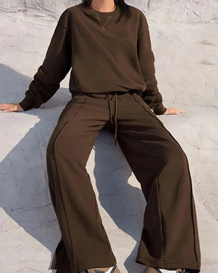 Round Neck Long Sleeve Top and Elastic Waist Pants Set - ShopEasier