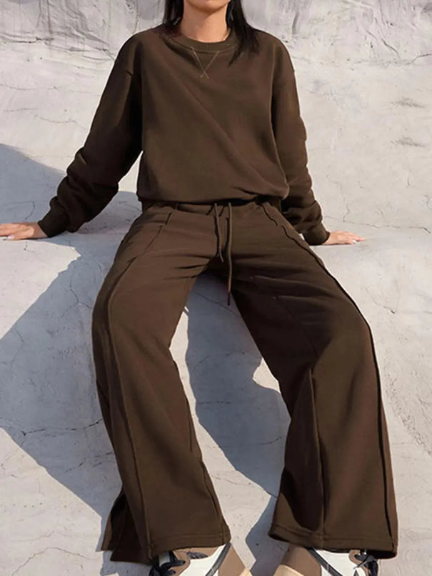 Round Neck Long Sleeve Top and Elastic Waist Pants Set - ShopEasier