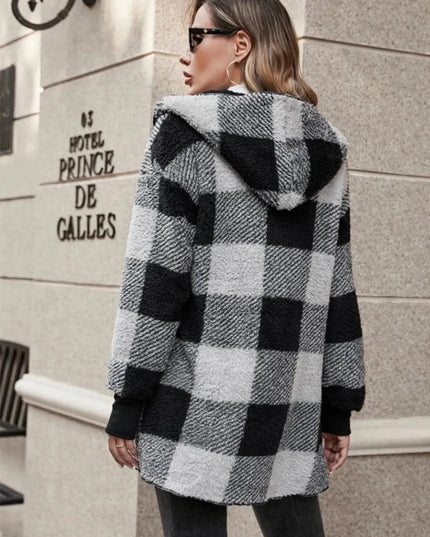 Plaid Long Sleeve Hooded Coat - ShopEasier