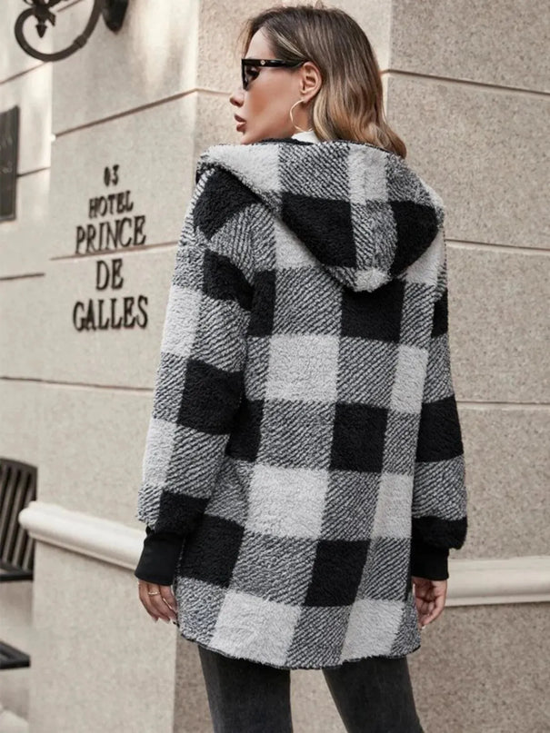 Plaid Long Sleeve Hooded Coat - ShopEasier