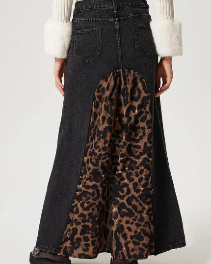 Slit Leopard Midi Denim Skirt - ShopEasier