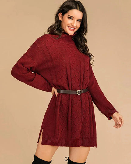 Perfee Slit Turtleneck Long Sleeve Mini Sweater Dress