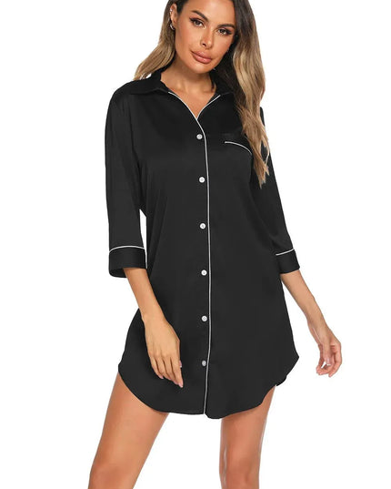 Button Up Collared Neck Night Dress with Pocket