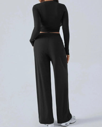 Chic Tied Long Sleeve Top and Pants Set with Pockets