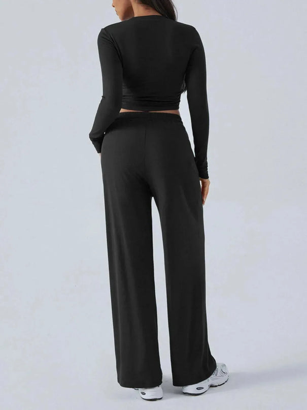 Chic Tied Long Sleeve Top and Pants Set with Pockets