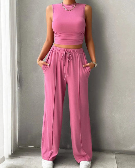 Devine Mock Neck Sleeveless Top and Drawstring Pants Set - ShopEasier