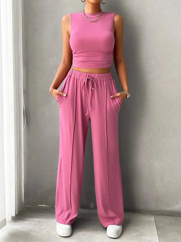 Devine Mock Neck Sleeveless Top and Drawstring Pants Set - ShopEasier