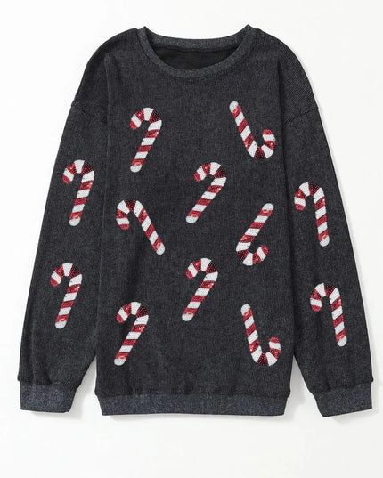 Sequin Candy Cane Round Neck Sweatshirt