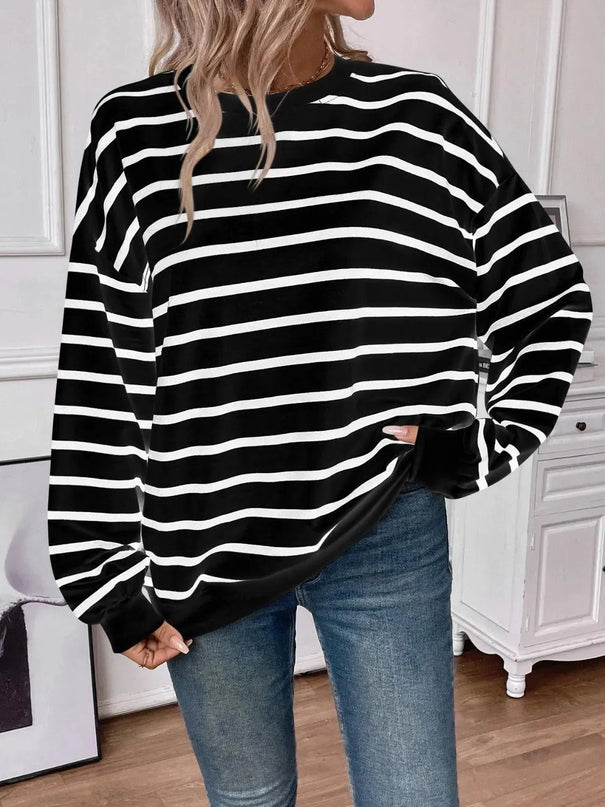 Chic Striped Round Neck Long Sleeve Sweatshirt