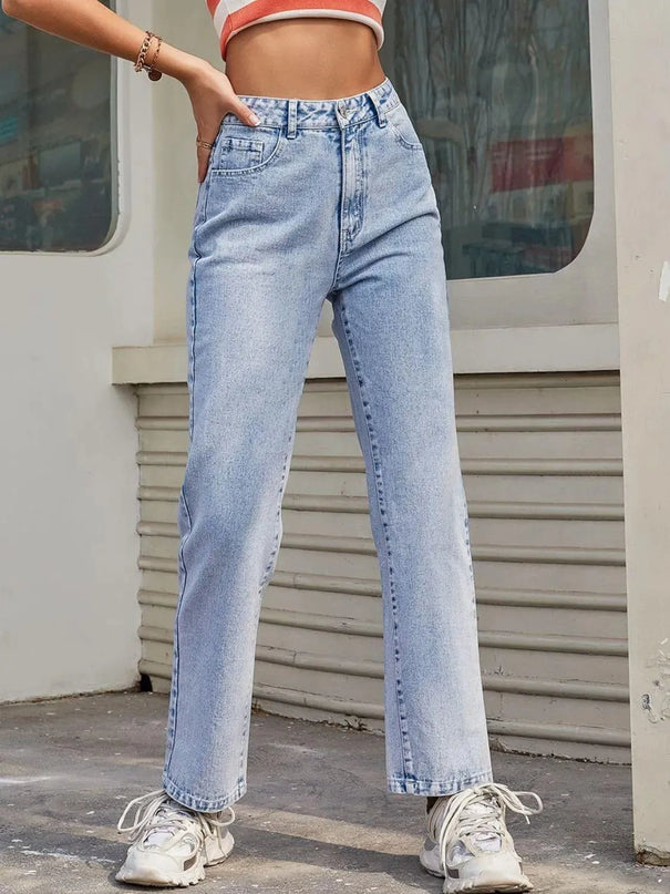 High Waist Straight Jeans with Pockets - ShopEasier