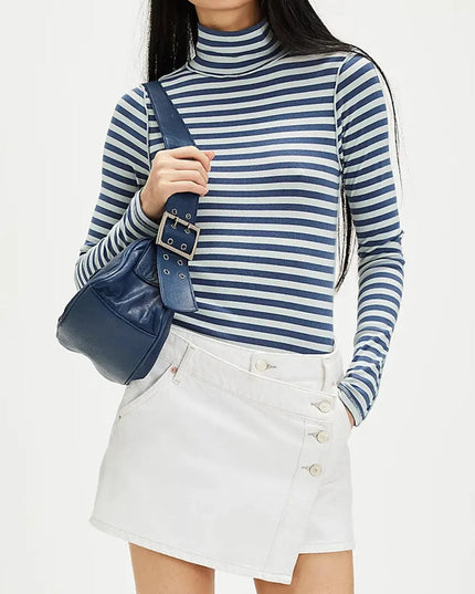 Striped Turtleneck Long Sleeve Tee with Exposed Seams