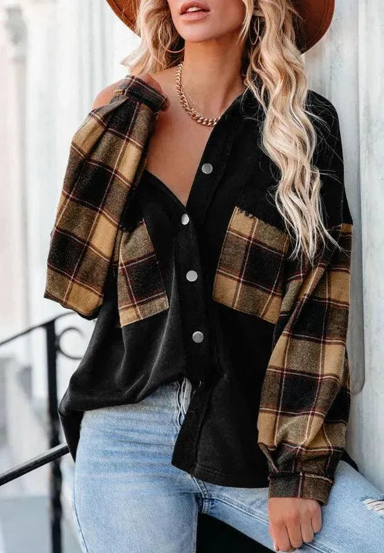 Plaid Button Up Shacket with Chest Pockets - ShopEasier