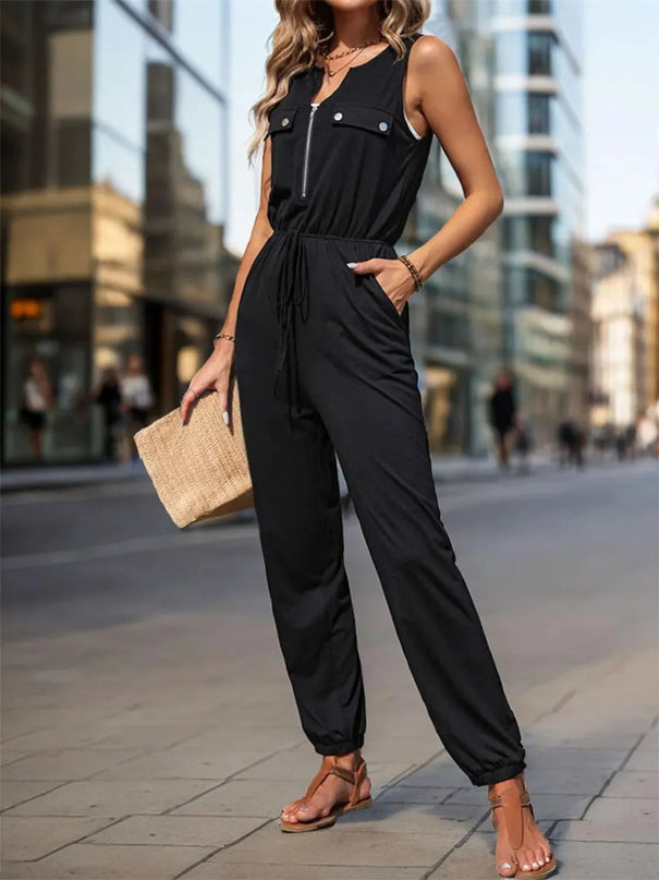 Half Zip Sleeveless Jumpsuit with Pockets - ShopEasier