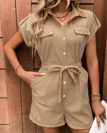 Perfee Collared Neck Tie Waist Romper with Pockets - ShopEasier