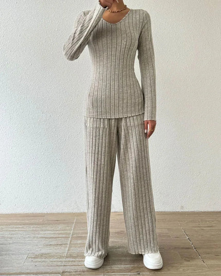 V-Neck Ribbed Long Sleeve Top with Pocketed Trousers Set