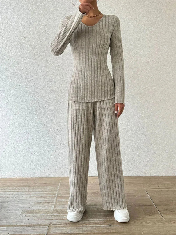 V-Neck Ribbed Long Sleeve Top with Pocketed Trousers Set