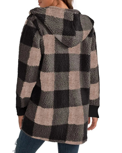 Plaid Long Sleeve Hooded Coat - ShopEasier