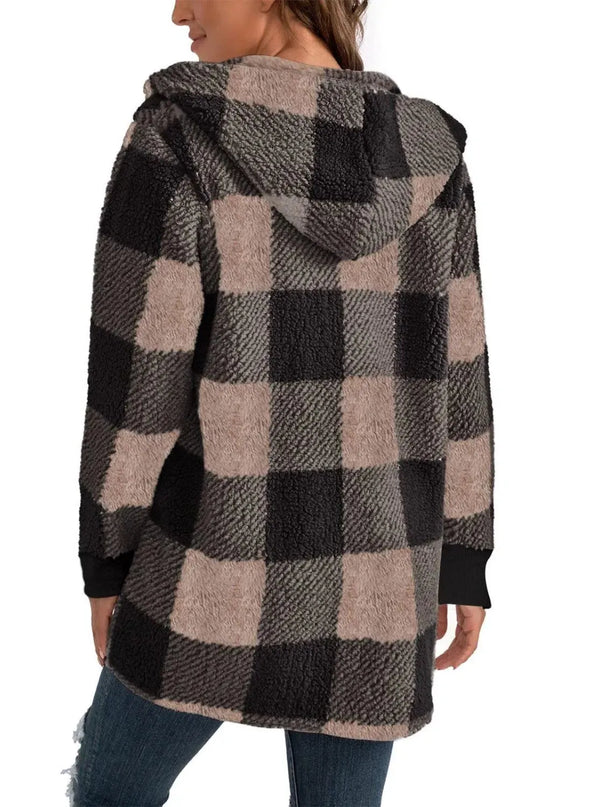 Plaid Long Sleeve Hooded Coat - ShopEasier