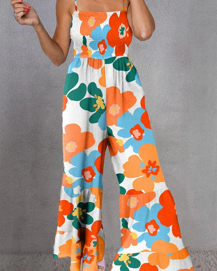 Smocked Spaghetti Strap Printed Jumpsuit