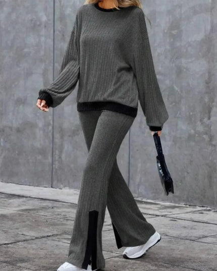 Contrast Round Neck Long Sleeve Top and Bootcut Pants Set