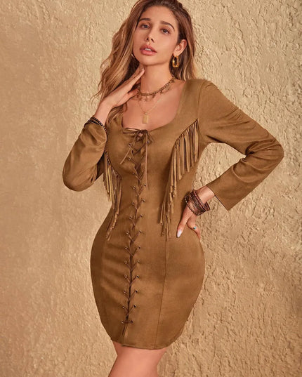 Fringe Lace Up Square Neck Long Sleeve Mini Dress