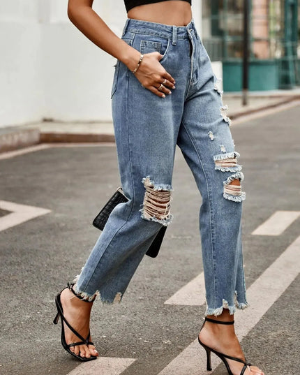 Distressed Raw Hem Jeans with Pockets - ShopEasier