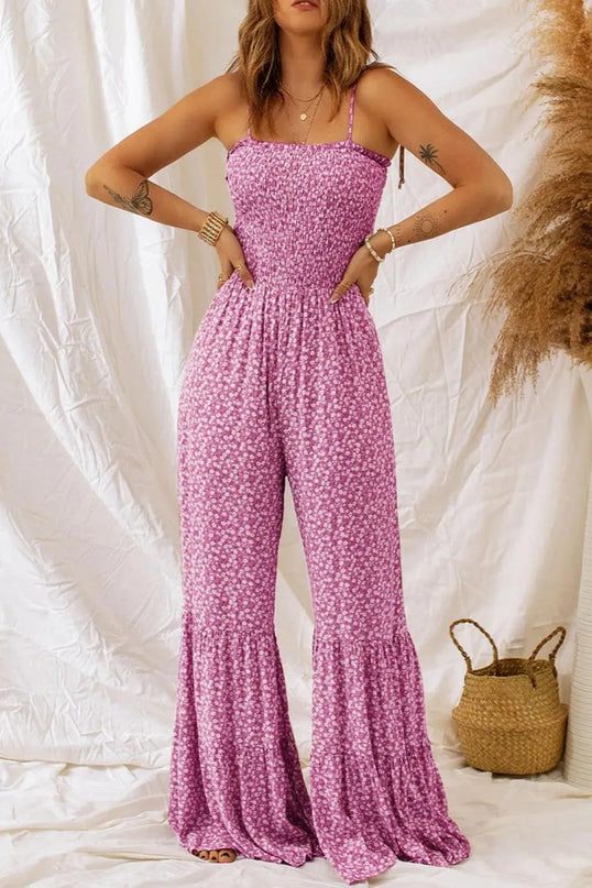 Smocked Printed Wide Strap Jumpsuit - ShopEasier