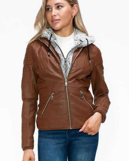 YMI Faux Layered Double-Zipper Jacket with Fuzzy Hood - ShopEasier