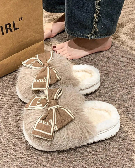 Faux Fur Bow Adorned Round Toe Slippers