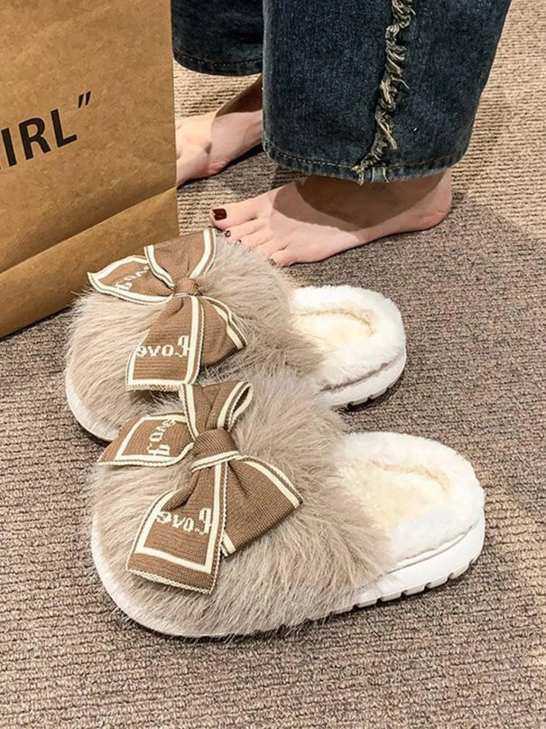 Faux Fur Bow Adorned Round Toe Slippers