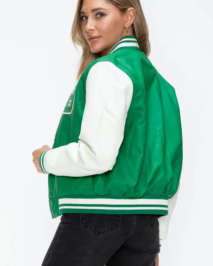 Love Me Now PU Leather Contrast Snap Down Bomber Jacket - ShopEasier