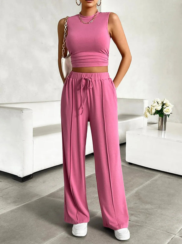 Devine Mock Neck Sleeveless Top and Drawstring Pants Set - ShopEasier