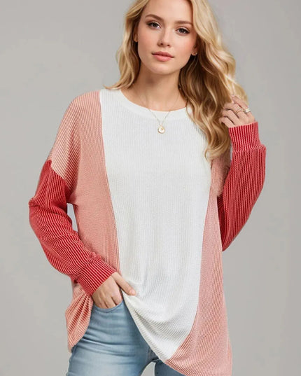 Textured Contrast Long Sleeve Round Neck Tee